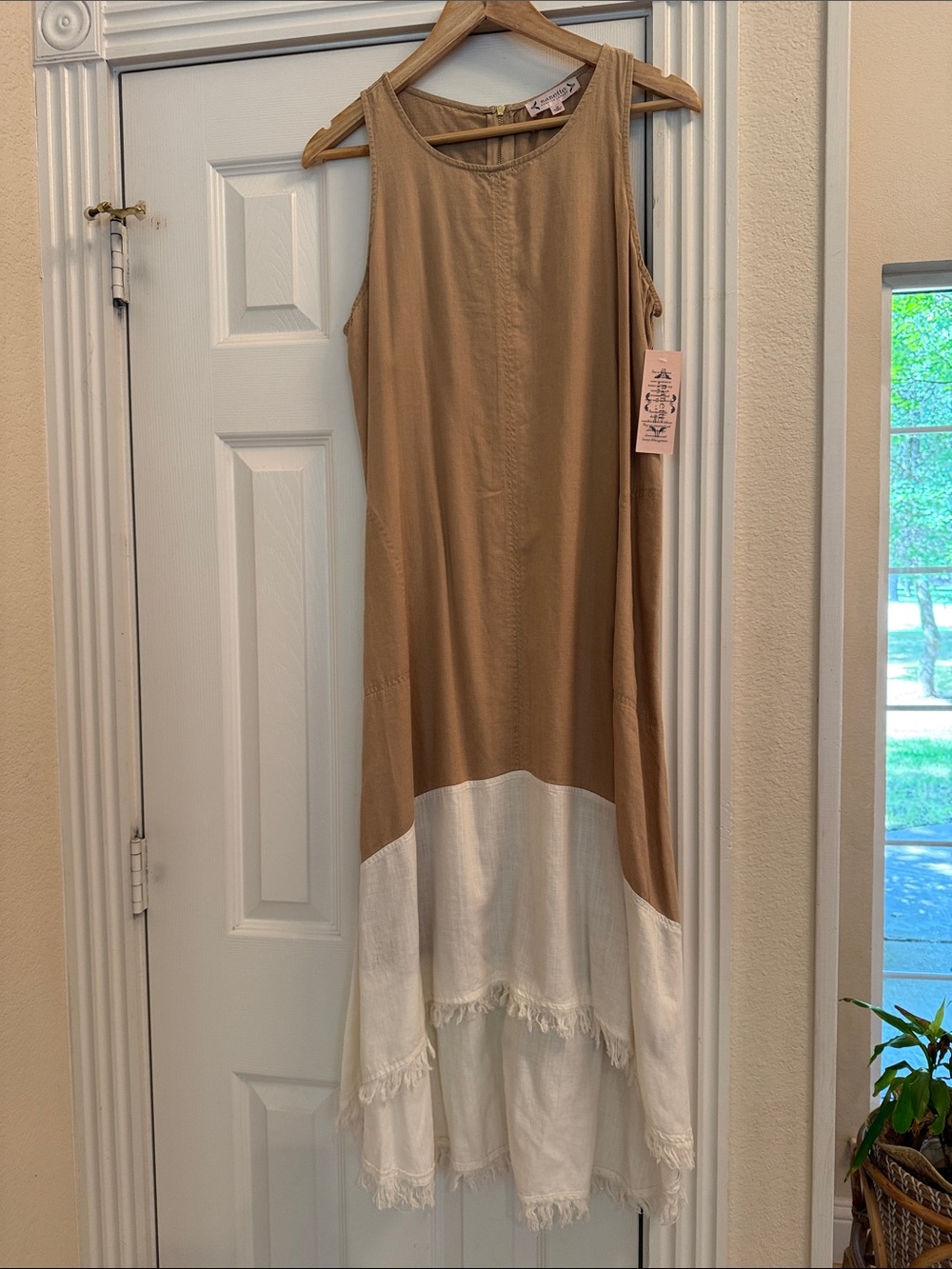 Nanette Lepore Tan and White Sleeveless Tiered Maxi Dress